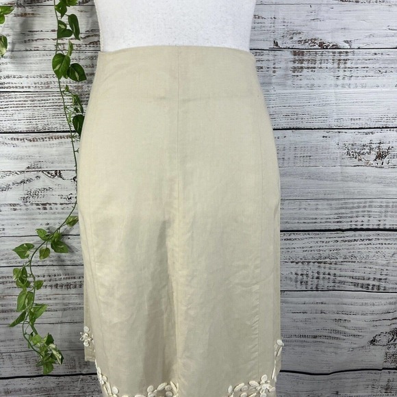 Willi Smith Skirt 8 Tan Stone Linen Knee A Line Ribbon Flowers Buttons Wedding - Picture 2 of 10